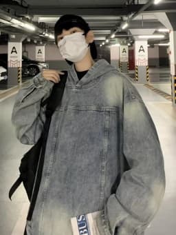 Black Faded Denim Hoodie Jacket Loose Fit Men's Trendy Brand Hip Handsome Washed High Street Oversize Long Sleeve Top