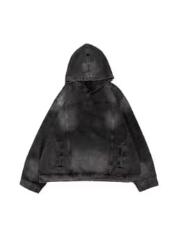 Black Faded Denim Hoodie Jacket Loose Fit Men's Trendy Brand Hip Handsome Washed High Street Oversize Long Sleeve Top