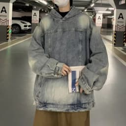 Black Faded Denim Hoodie Jacket Loose Fit Men's Trendy Brand Hip Handsome Washed High Street Oversize Long Sleeve Top