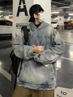 Black Faded Denim Hoodie Jacket Loose Fit Men's Trendy Brand Hip Handsome Washed High Street Oversize Long Sleeve Top