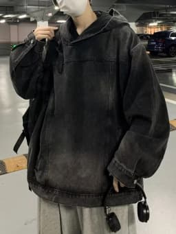 Black Faded Denim Hoodie Jacket Loose Fit Men's Trendy Brand Hip Handsome Washed High Street Oversize Long Sleeve Top