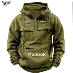 Reebok Men's Muscle Sports Workwear Style Autumn/Winter New Fashion Solid Color Multi-Pocket Long-Sleeved Hooded Sweatshirt