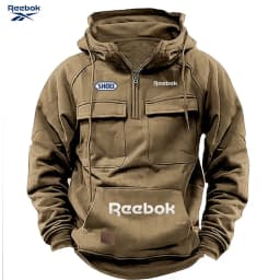 Reebok Men's Muscle Sports Workwear Style Autumn/Winter New Fashion Solid Color Multi-Pocket Long-Sleeved Hooded Sweatshirt