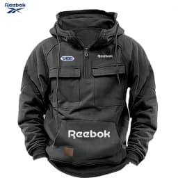 Reebok Men's Muscle Sports Workwear Style Autumn/Winter New Fashion Solid Color Multi-Pocket Long-Sleeved Hooded Sweatshirt