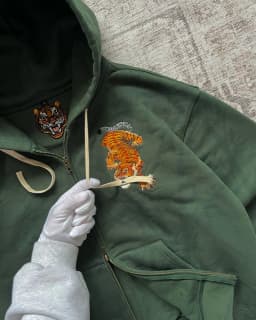 Tiger Embroidered Pattern Hip Hop Street Green Zipper Hoodie Harajuku Style Men Y2k Warm Retro Sports Casual Loose Soft Hoodie