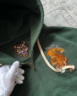 Tiger Embroidered Pattern Hip Hop Street Green Zipper Hoodie Harajuku Style Men Y2k Warm Retro Sports Casual Loose Soft Hoodie