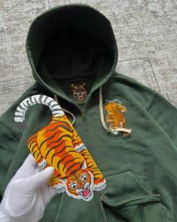 Tiger Embroidered Pattern Hip Hop Street Green Zipper Hoodie Harajuku Style Men Y2k Warm Retro Sports Casual Loose Soft Hoodie