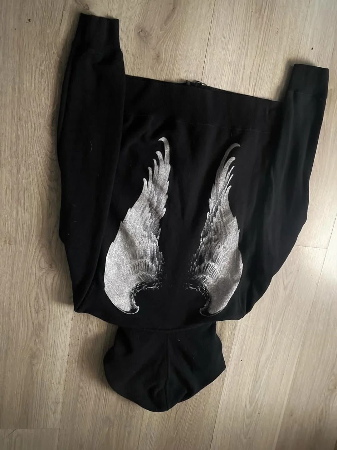 Mens Black Wing Pattern Zip Up Hoodie Street Style Trendy Young Stylish Casual Urban Hip Hop Cool Hooded Sweatshirt for Men
