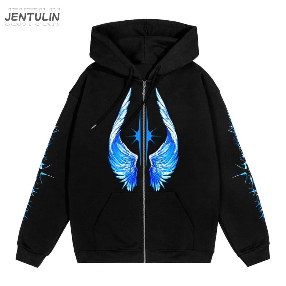 Hip Hop Zipper Men Hoodie Bright Side Graphic Zip Up Hooded Pullover Sweatshirts Winter Streetwear Jacket Y2K Coat Clothing Goth