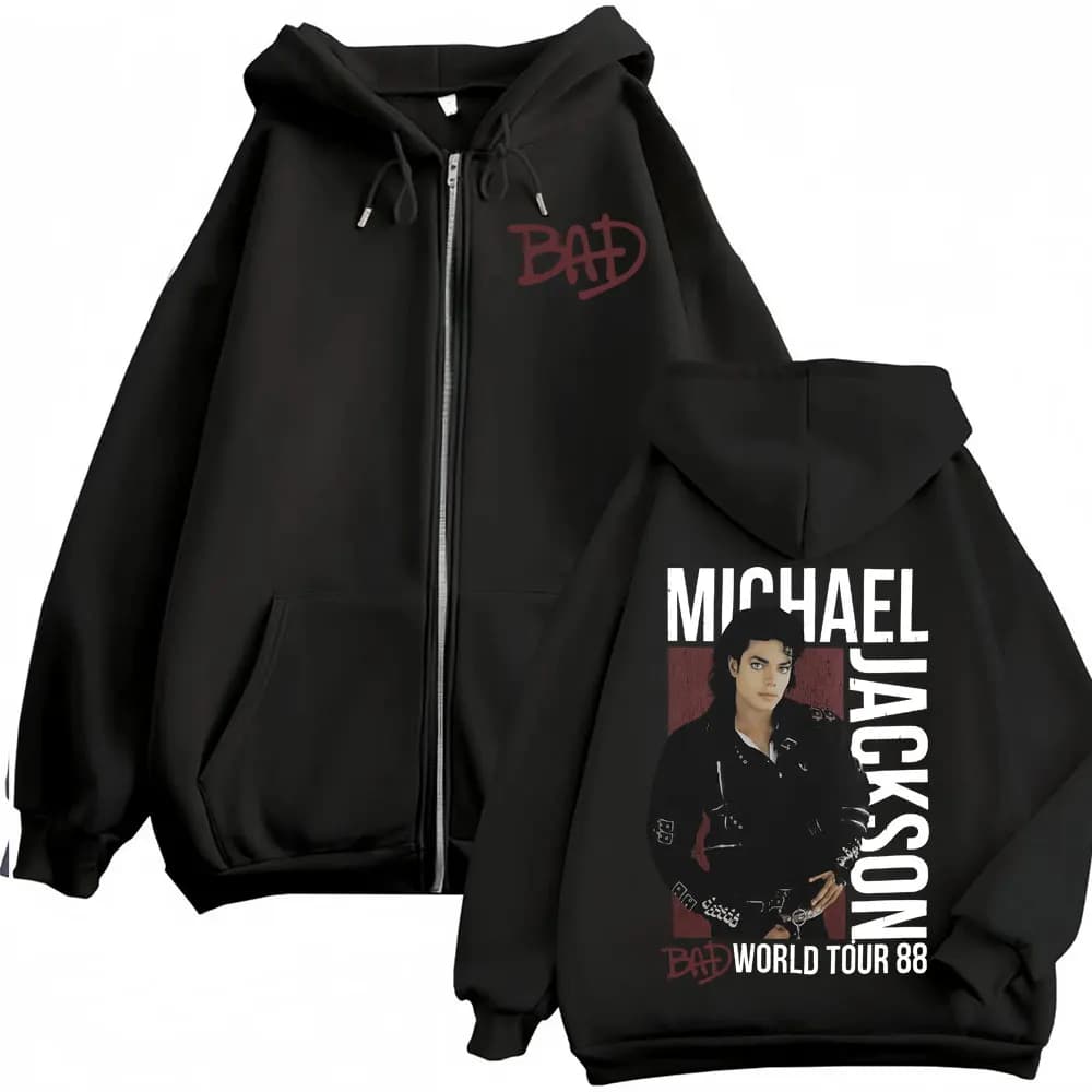 Michael Jackson King of Pop Bad World Tour Zipper Hoodies Men Women Hip Hop Street Zip Up Sweatshirts Fleece Loose Jacket Hoodie