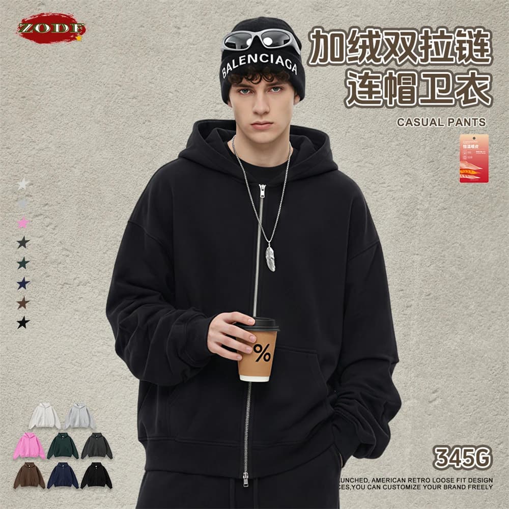 ZODF Fashion Winter 345gsm Boxy Fleece Zipper Hoodie For Men Unisex Cusual Loose Fit Warm Hooded Coat Outwears HY1178