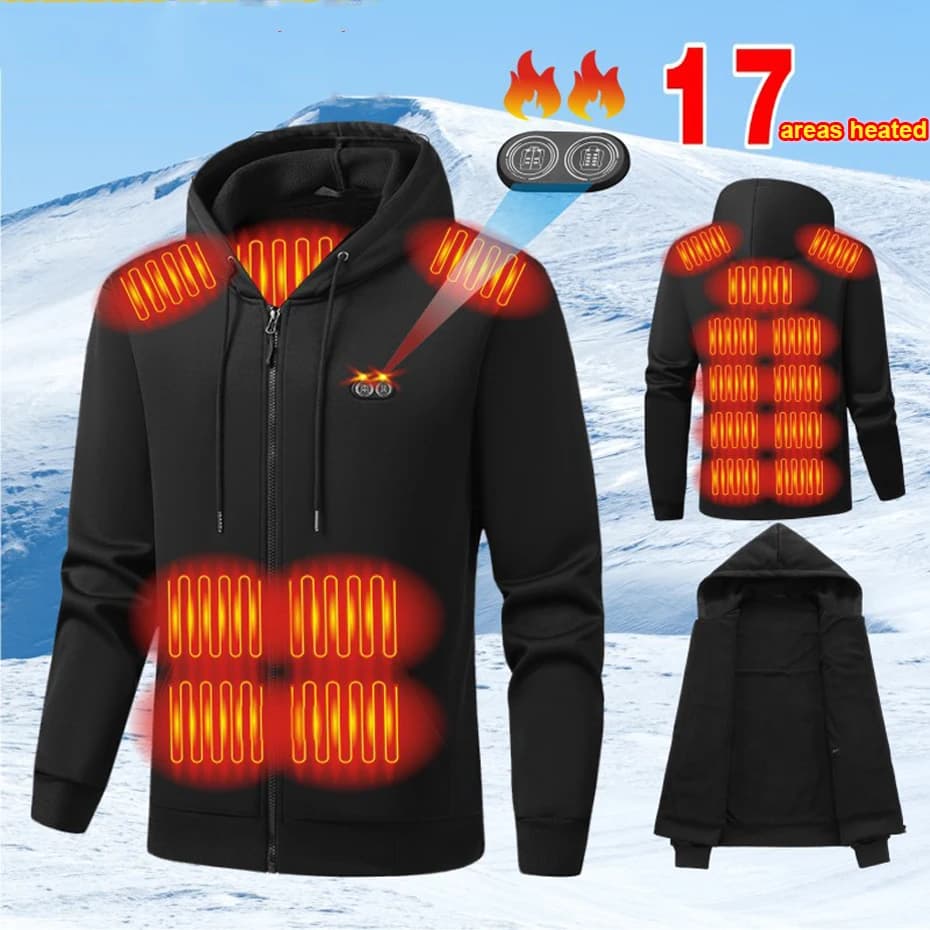 USB Heating Hoodie Jacket Men Zipper Hoodie Autumn Winter Warm 17 Zones Electric Heated Hoodies Jackets Male