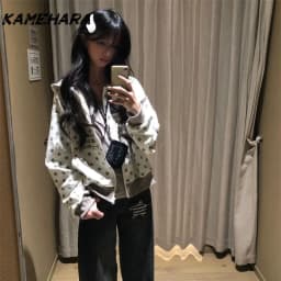 KAMEHARA Korean Retro Kawaii Polka Dot Letter Embroidery Short Zipper Coat Women's Y2K Harajuku Casual Joker Hoodies Street Wear