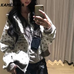 KAMEHARA Korean Retro Kawaii Polka Dot Letter Embroidery Short Zipper Coat Women's Y2K Harajuku Casual Joker Hoodies Street Wear