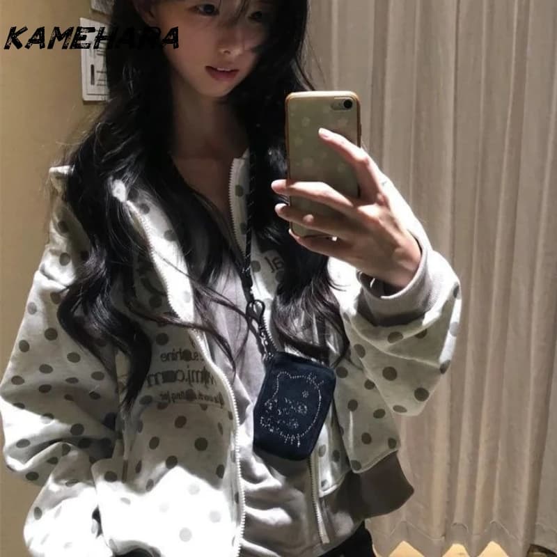 KAMEHARA Korean Retro Kawaii Polka Dot Letter Embroidery Short Zipper Coat Women's Y2K Harajuku Casual Joker Hoodies Street Wear
