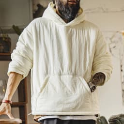 Maden Men's Big Pocket Hoodie Plush Lined Water Resistant Pullover Drop Shoulder Gather Sleeve Winter Coat for Casual Commuting