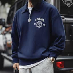 Maden Vintage Men's Long Sleeve Embroidered Sweatshirt with Letters Half-open Front Casual Hoodie Turned-up Collar for Spring