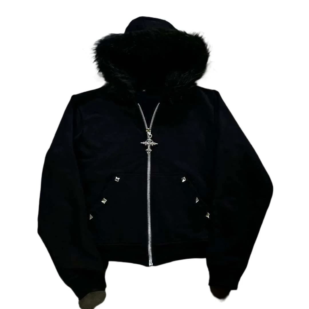 2026 Autumn Winter New Fur Collar Hat Zipper Hoodie Y2k Gothic High Street Hooded Jacket Men American Retro Punk Men's Clothing