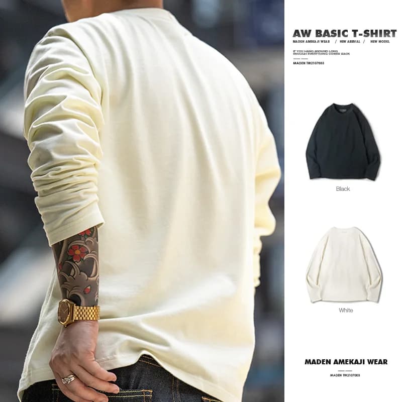 Maden Basic Long Sleeve Cotton T-shirt for Men Beige Round Collar Bottom Shirts Spring and Autumn Inner Sweatshirt Men's T-shirt
