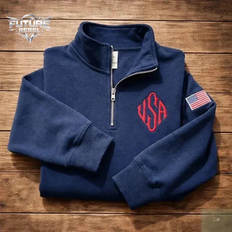 Mens Sweatshirt Harajuku Y2K Navy Blue Quarter Zip Pullover USA Embroidered Flag Patch Vintage Streetwear Jacket Casual Unisex
