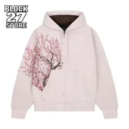 Harajuku American Retro Sakura Embroidery Pink Hoodie Y2K Jacket Men Women Oversized Gothic Streetwear Casual Fashion Outerwear