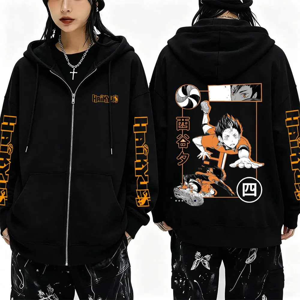 Anime Haikyuu Yu Nishinoya Graphic Zipper Hoodie Men Women Manga Cosplay Zip Up Jacket Men's Fleece Cotton Zip Up Sweatshirts