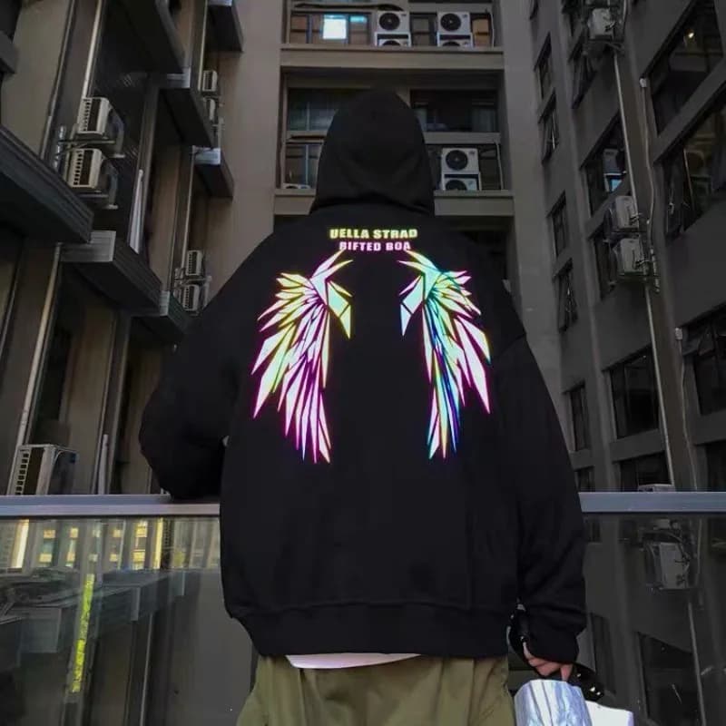 Reflective Male Hoodie Hip Hop Overfit New in No Brand Y2k Vintage Novelty and Simple 90s Tops Fleeced Men's Hooded Sweatshirt