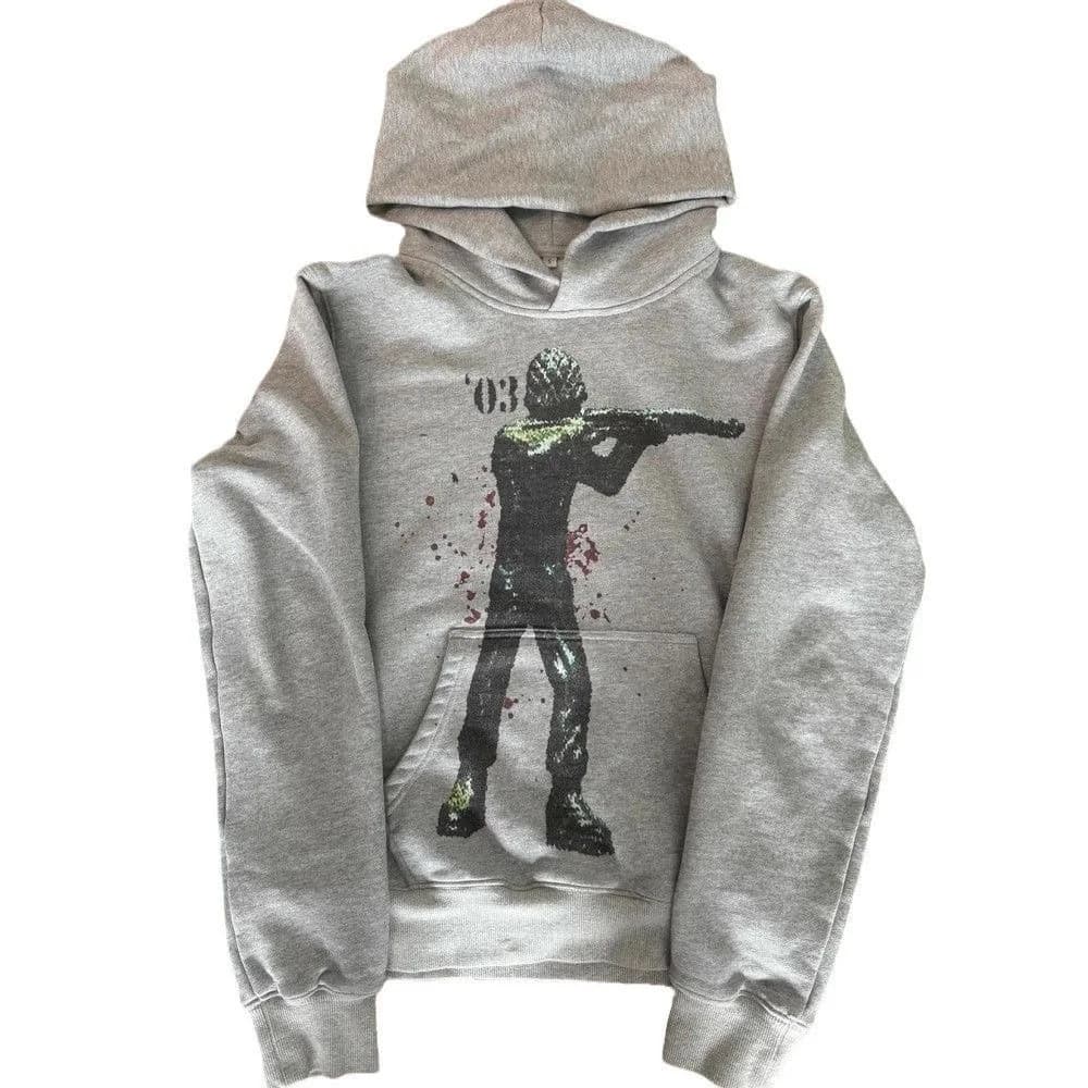 Y2k Grey Hip-Hop Pattern Printed Hooded Pullover Men And Women New Fashion Trend Retro Personality Loose Oversize Streetwear