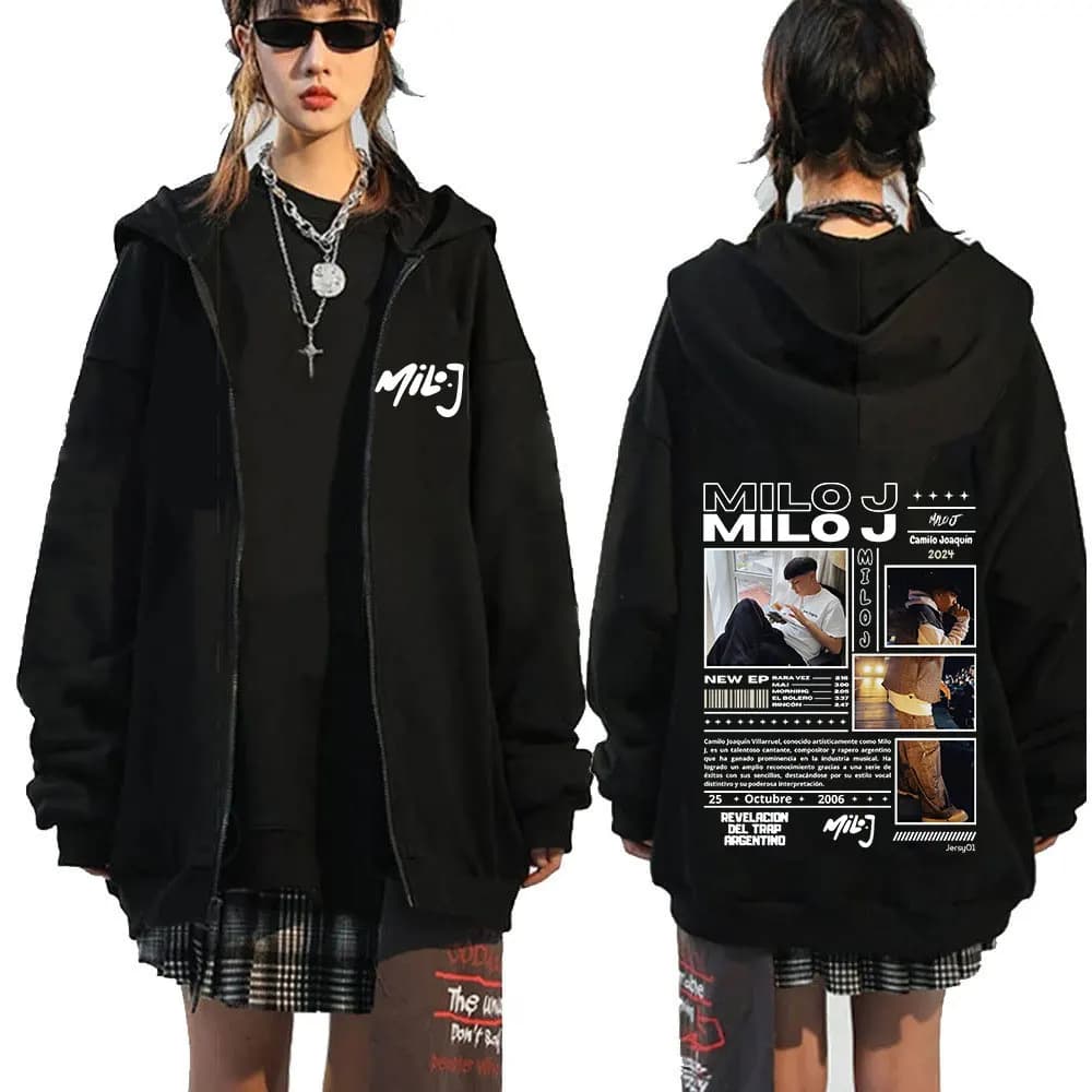 Rapper Milo J 111 Album Merch Zipper Hoodies Men's Women Clothing Vintage Hip Hop Zip Up Hooded Sweatshirts Casual Loose Jackets