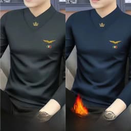 Men's Long Sleeve V-Neck T-Shirt Fleece Lined Thickened Autumn Winter Base Layer Top Warm Trendy Inner Wear Standard Fit Poly...