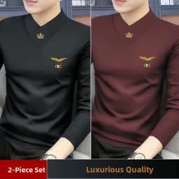 Men's Long Sleeve V-Neck T-Shirt Fleece Lined Thickened Autumn Winter Base Layer Top Warm Trendy Inner Wear Standard Fit Poly...