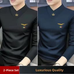 Men's Long Sleeve V-Neck T-Shirt Fleece Lined Thickened Autumn Winter Base Layer Top Warm Trendy Inner Wear Standard Fit Poly...