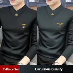 Men's Long Sleeve V-Neck T-Shirt Fleece Lined Thickened Autumn Winter Base Layer Top Warm Trendy Inner Wear Standard Fit Poly...