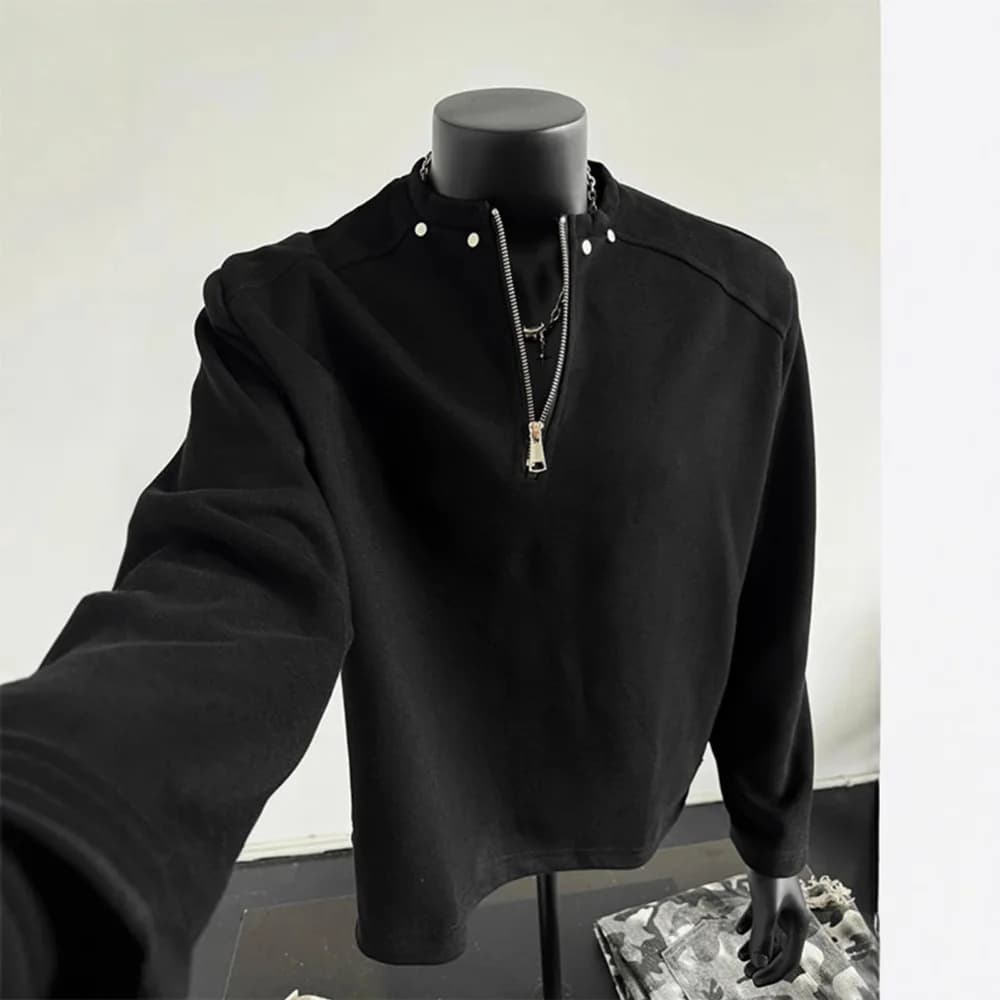 Men's Sweatshirt 2026 Spring Autumn Black Half Zip Shoulder Pad Sweatshirt Studded Regular Shoulder Edgy Cropped Sweater