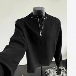 Men's Sweatshirt 2026 Spring Autumn Black Half Zip Shoulder Pad Sweatshirt Studded Regular Shoulder Edgy Cropped Sweater