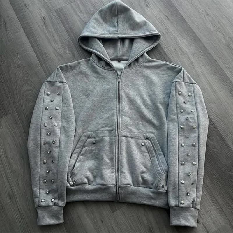 Oversized Harajuku Grey Vintage Fashion Zipper Hoodie European and American Autumn/Winter High Street Versatile Sweatshirt Emo
