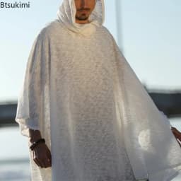 2026 Men's Outdoor Casual Breathable Shawl Robe Vintage Men Solid Color Loose Breathable Capes Mens Bohemian Sunproof Cover-up