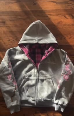 Y2K Vintage Cherry Blossom Embroidery Zipper Hoodie Harajuku Loose Reversible Simple Grid Jacket Men Women Pink Coat Streetwear