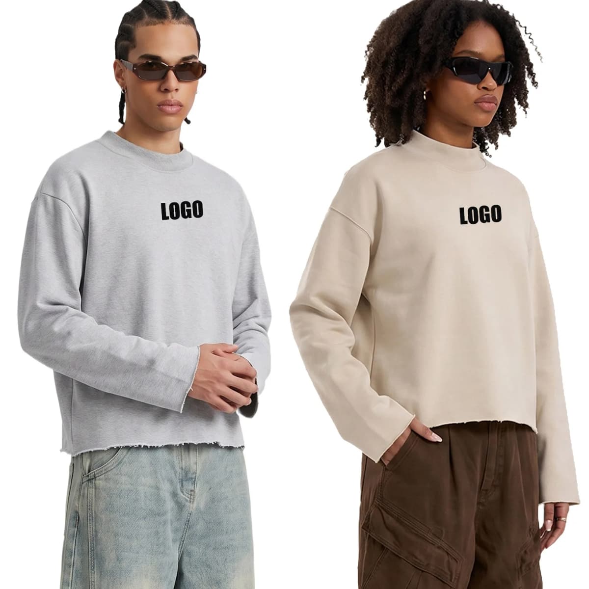 Personalized LOGO custom 350G cotton men's BOXY short and wide half-high neck long-sleeved hem burr sweater