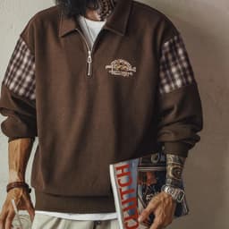 Maden Vintage Half-Zip Sweatshirt Men Brown American Casual Retro Color Block Embroidered Pullover Sweatshirt Outerwear Fall