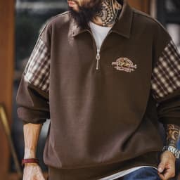 Maden Vintage Half-Zip Sweatshirt Men Brown American Casual Retro Color Block Embroidered Pullover Sweatshirt Outerwear Fall