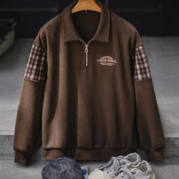 Maden Vintage Half-Zip Sweatshirt Men Brown American Casual Retro Color Block Embroidered Pullover Sweatshirt Outerwear Fall