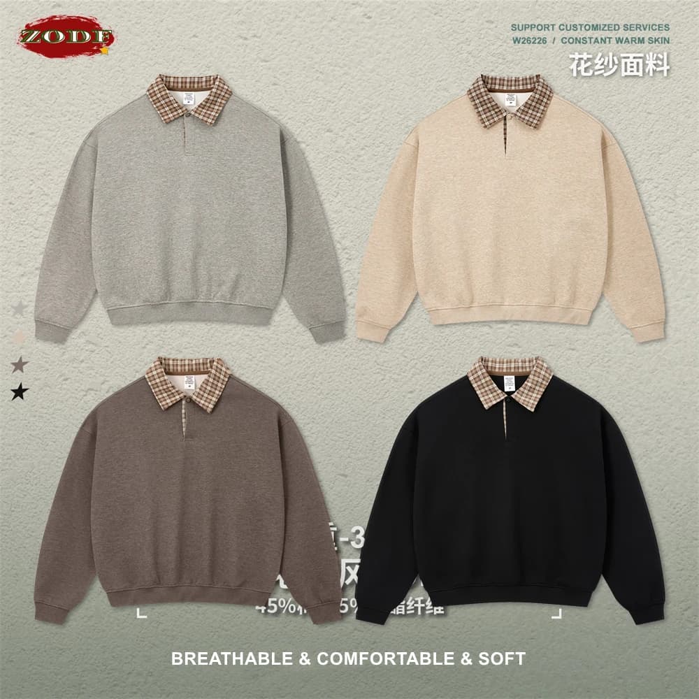 ZODF Fashion Autumn Men 320gsm Turn Down Collar Sweatshirt Unisex Cusual Old Money Style Polo Pullovers HY1317