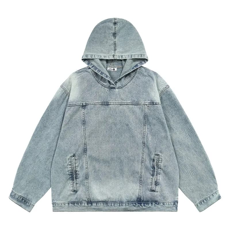 Men Retro Washed Denim Hoodie Korean Fashion Harajuku Casual Loose Hooded Pullover Coat Japanese Streetwear Men Clothing