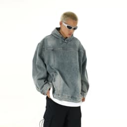 Men Retro Washed Denim Hoodie Korean Fashion Harajuku Casual Loose Hooded Pullover Coat Japanese Streetwear Men Clothing