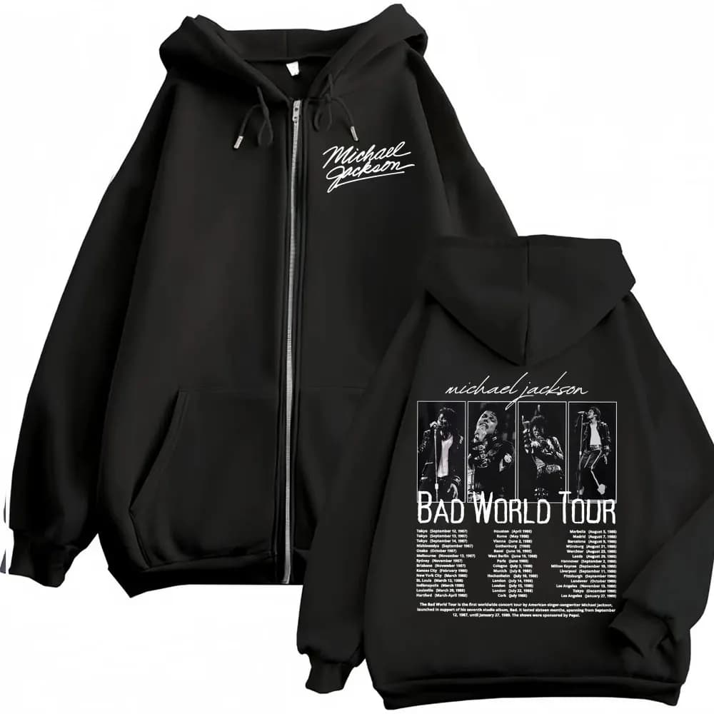 King of Pop Michael Jackson Bad World Tour Zip Up Hoodies Men Women Casual Fleece Sweatshirts Jacket Hip Hop Zipper Hooded Coats