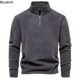 2026 Men's Winter Warm Fleece Tops Sweatshirts Casual Long Sleeve Zipper Stand Collar Pullover Tops Fashion Solid Sweatshirts