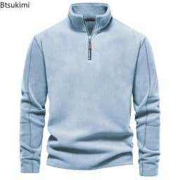 2026 Men's Winter Warm Fleece Tops Sweatshirts Casual Long Sleeve Zipper Stand Collar Pullover Tops Fashion Solid Sweatshirts