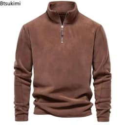 2026 Men's Winter Warm Fleece Tops Sweatshirts Casual Long Sleeve Zipper Stand Collar Pullover Tops Fashion Solid Sweatshirts