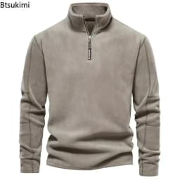 2026 Men's Winter Warm Fleece Tops Sweatshirts Casual Long Sleeve Zipper Stand Collar Pullover Tops Fashion Solid Sweatshirts